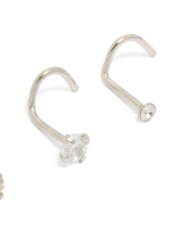 Showcasing surgical steel nose corkscrew studs 3-pack with cubic zirconia crystals in silver and gold tones featuring stud closure detail view