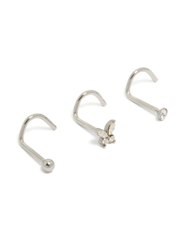 Showcasing butterfly corkscrew nose studs with balls crafted from surgical steel and cubic zirconia in silver 3-pack front view