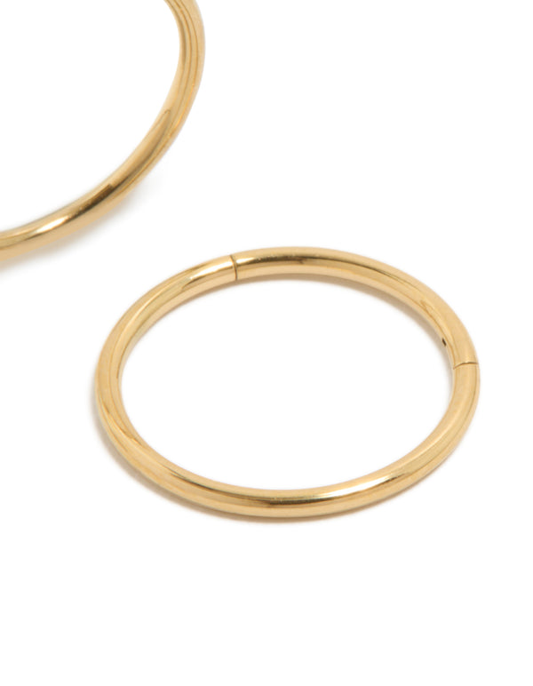 Crafted from gold plated surgical steel thick sleeper earrings in 12 MM with hoop closure post detail view