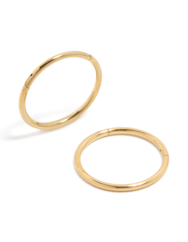 Showcasing gold plated surgical steel thick sleeper earrings in 12 MM with hoop closure front view