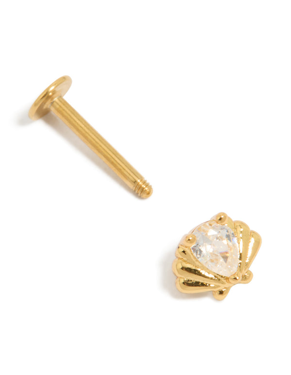 Displaying single ocean shell design with cubic zirconia set in surgical steel and flat back stud closure in gold finish post detail view