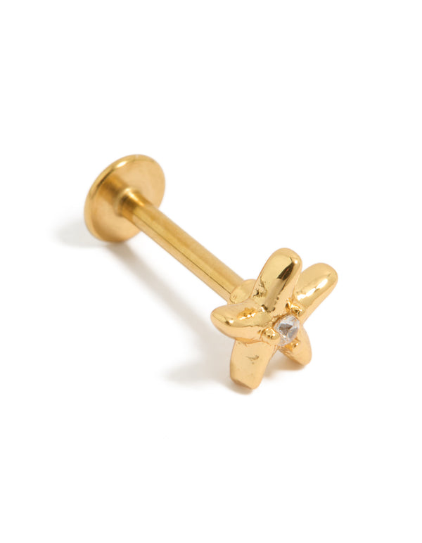 Showcasing a gold plated surgical steel cubic zirconia starfish single flat back stud with ocean-inspired design and crystal features front view