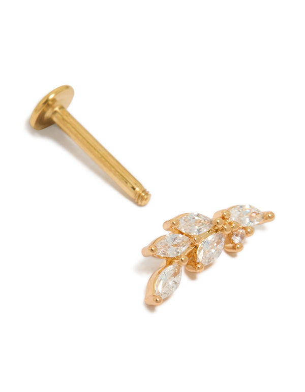 Highlighting five leaf crawler single stud crafted from gold plated surgical steel with flat back post detail view