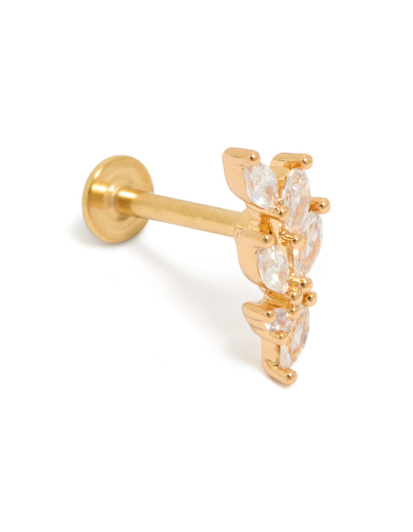 Showcasing a five leaf crawler single stud with gold plated surgical steel and flat back closure front view