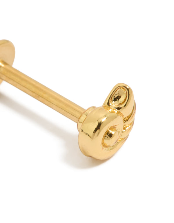 Featuring a gold plated surgical steel sundial shell single flat back stud with ocean-inspired styling close up view