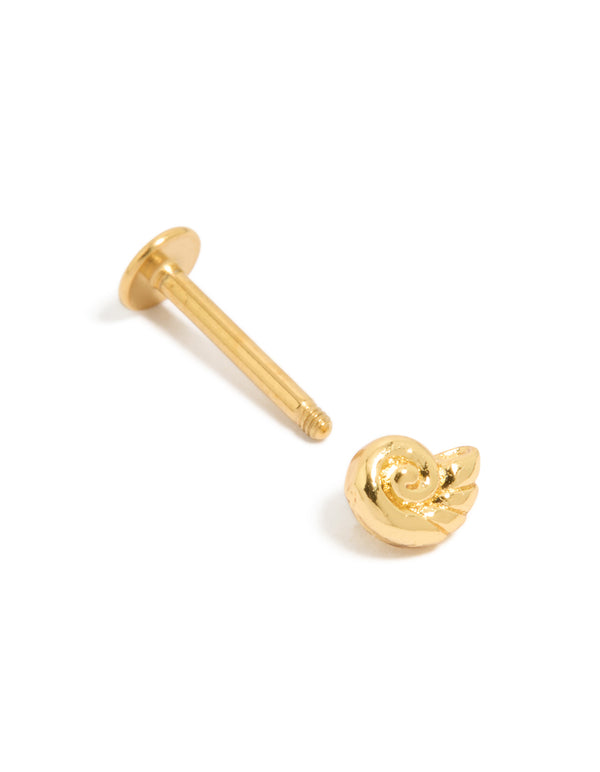 Designed with gold plated surgical steel sundial shell featuring ocean-inspired styling and flat back closure post detail view