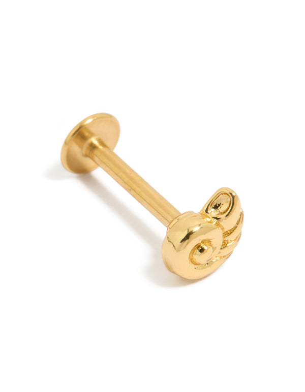 Showcasing a gold plated surgical steel sundial shell single flat back stud with ocean-inspired styling front view