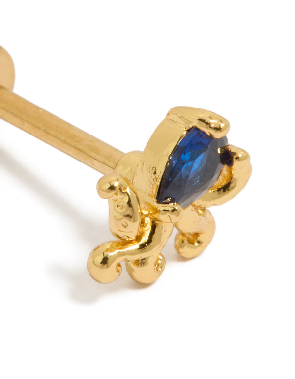 Crafted with gold plated surgical steel, this blue cubic zirconia octopus single flat back stud earring showcases intricate ocean theme close up view