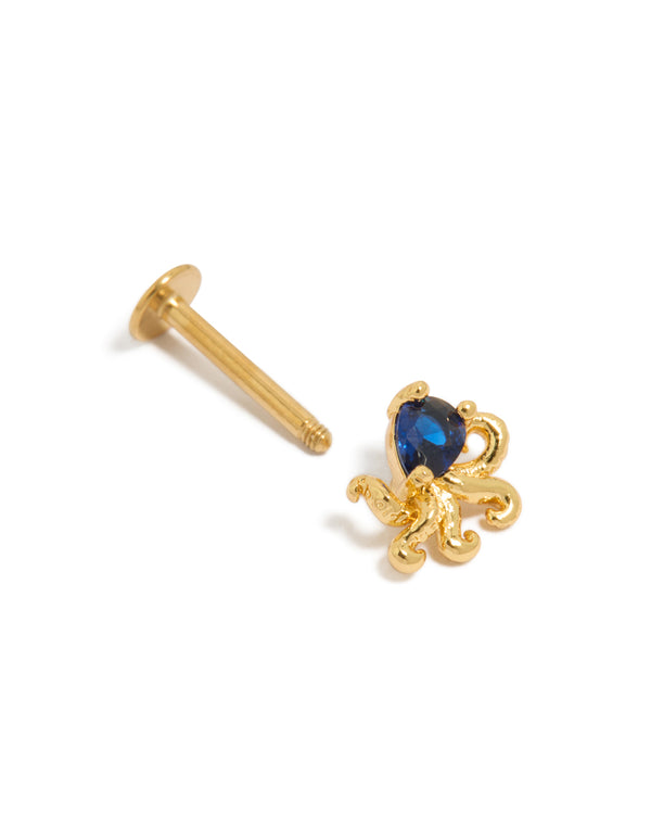 Admire this ocean-themed octopus single flat back stud earring in gold plated surgical steel with royal blue cubic zirconia post detail view