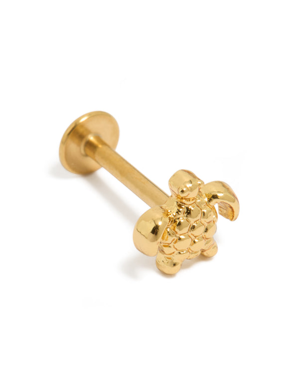 Crafted from surgical steel, this gold plated turtle stud earring with ocean-inspired design and flat back closure front view