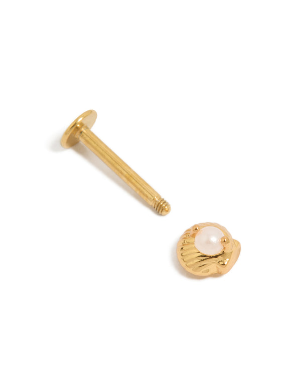 Designed with gold plated surgical steel pearl shell single flat back stud featuring ocean-inspired design and seashell color accents post detail view