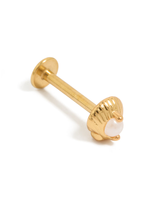 Beautifully crafted gold plated surgical steel pearl shell single flat back stud featuring ocean-inspired design with seashell color front view