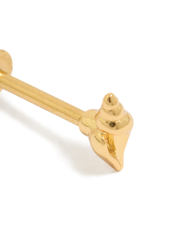 Detailed view of a gold plated surgical steel miter shell single flat back stud featuring ocean inspired design close up view
