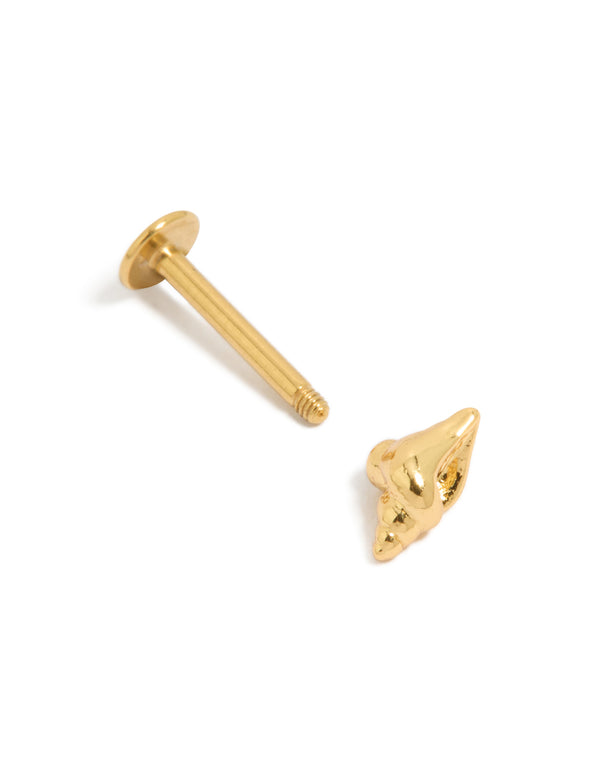 Crafted from gold plated surgical steel miter shell single flat back stud with ocean inspired design showcasing threaded fastening mechanism post detail view