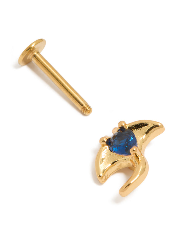 Gold plated surgical steel stingray single flat back stud with cubic zirconia and navy accent post detail view