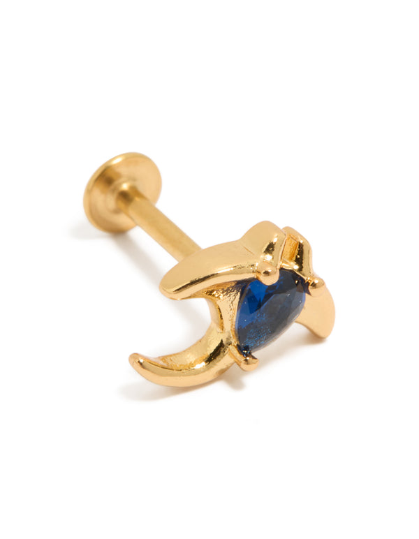 Gold plated surgical steel stingray single flat back stud featuring cubic zirconia in navy and ocean animal design front view