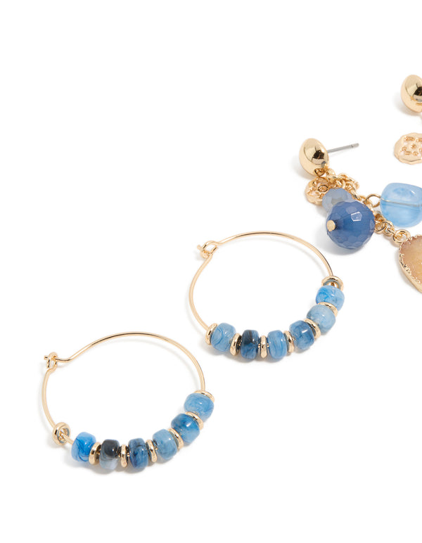 Gold & Blue Beaded Drop & Hoop Earrings 3-Pack