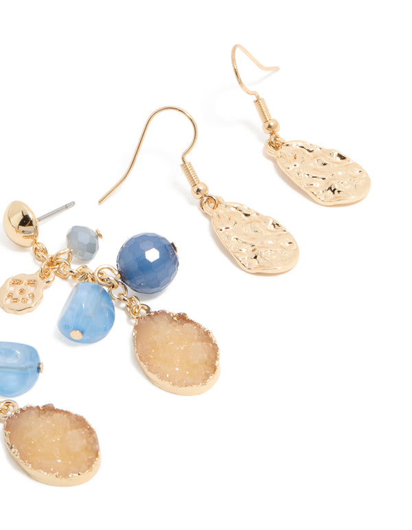 Gold & Blue Beaded Drop & Hoop Earrings 3-Pack