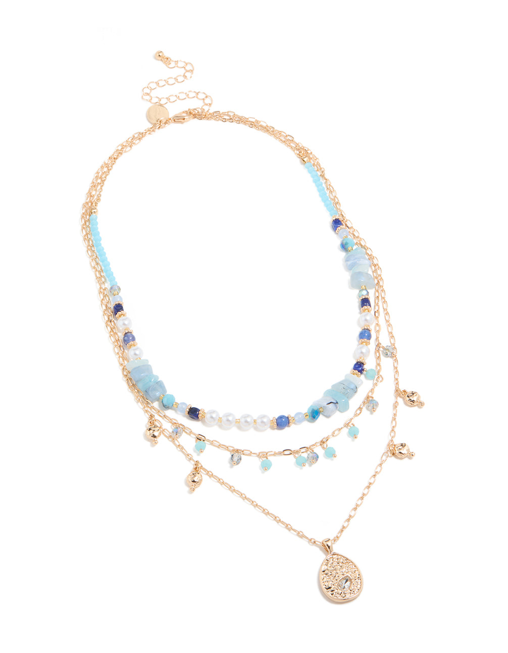 This statement necklace showcases balls, beads, charm, pendant, and pearls in gold with blue stones front view