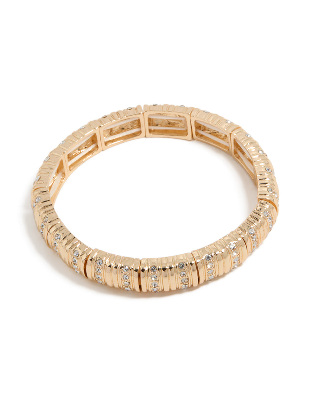 Showcasing a gold ribbed diamante stretch bracelet front view