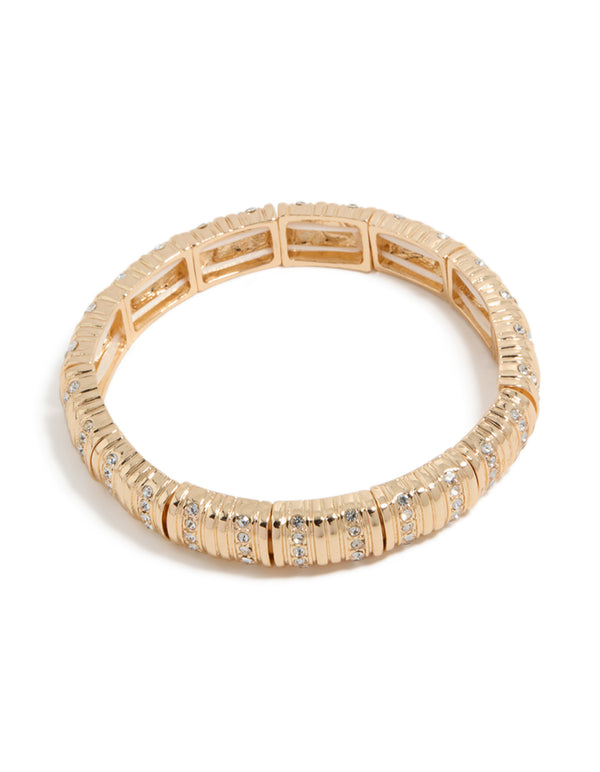 Showcasing a gold ribbed diamante stretch bracelet front view