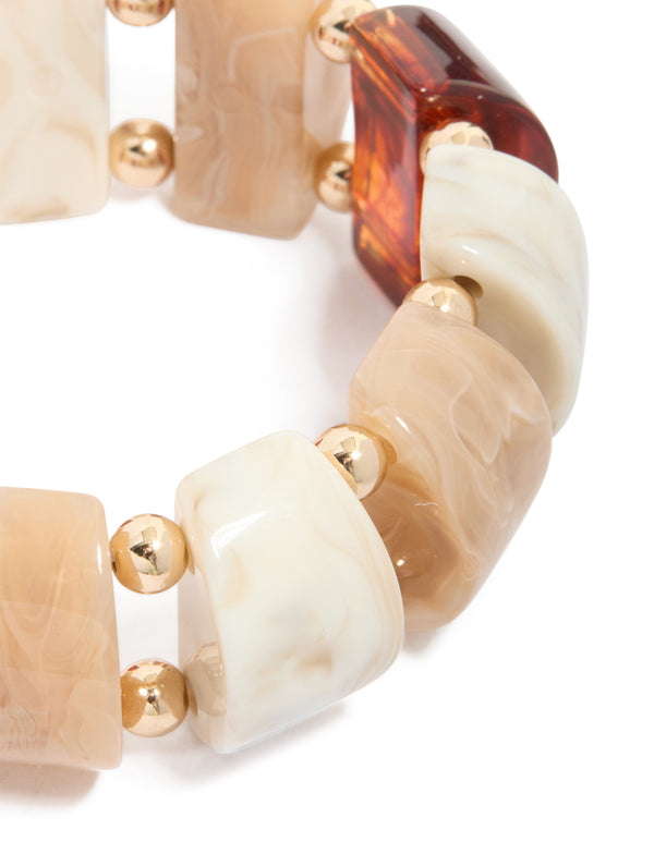 Brown & Cream Acrylic Beaded Stretch Bracelet