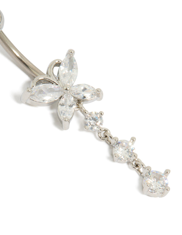 Featuring a titanium belly bar with butterfly charm, bar closure, balls, and cubic zirconia in silver detail view