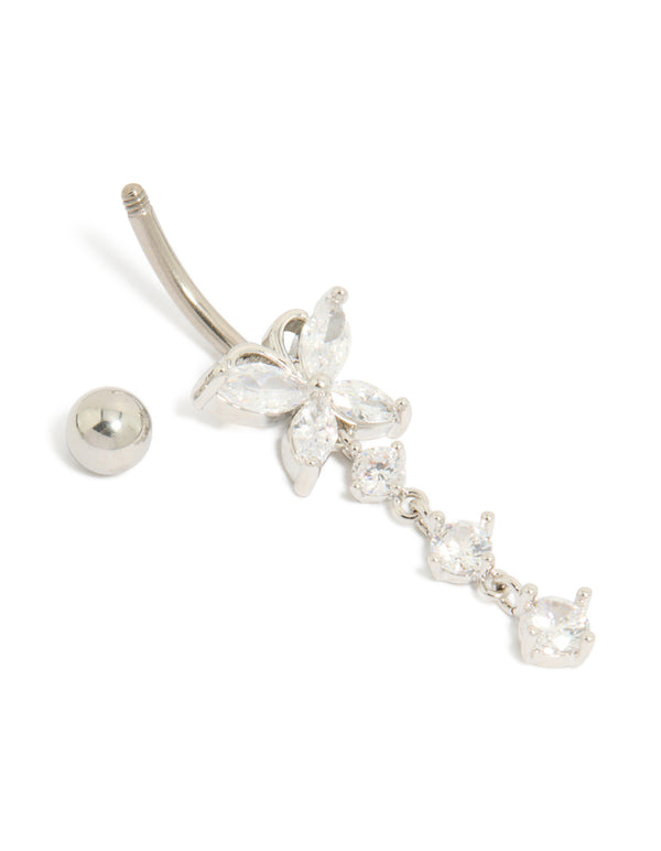 Featuring a titanium belly bar with butterfly charm, bar closure, balls, and cubic zirconia in silver detail view