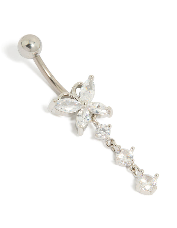 Showcasing a titanium belly bar with butterfly charm, bar closure, balls, and cubic zirconia in silver front view