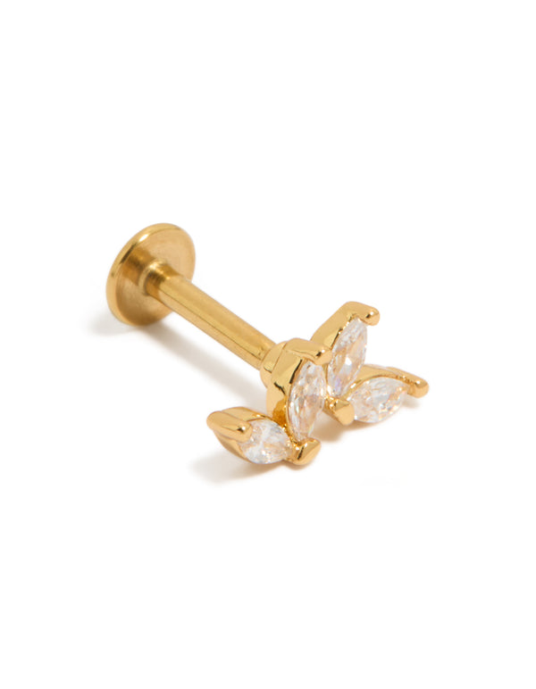 Showcasing single small leaf design stud earrings with small cubic zirconia stones, crafted from titanium and gold plated, featuring flat back closure front view