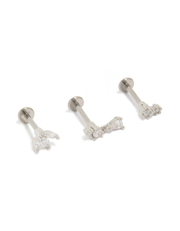 Titanium Cubic Zirconia Flower Drop Flat Back Studs 3- Pack