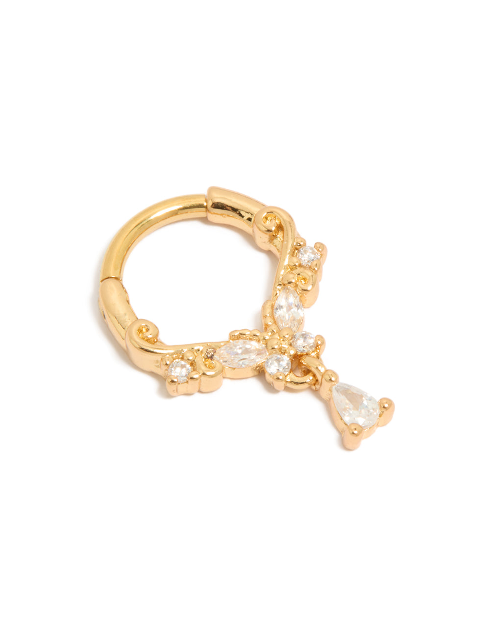 Featuring a butterfly charm with cubic zirconia in gold plated titanium ring front view