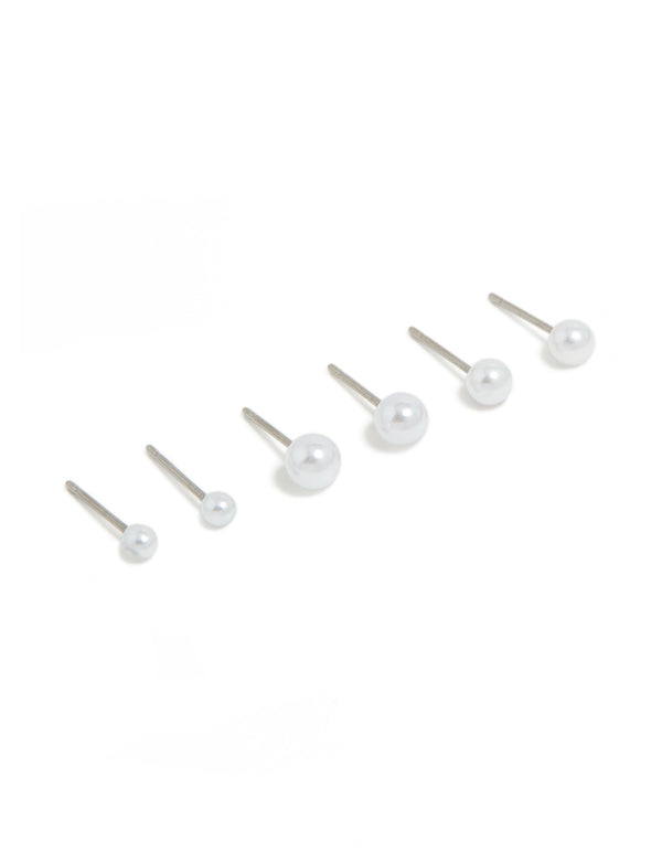 Surgical Steel Graduating Pearl Stud Earrings 3-Pack