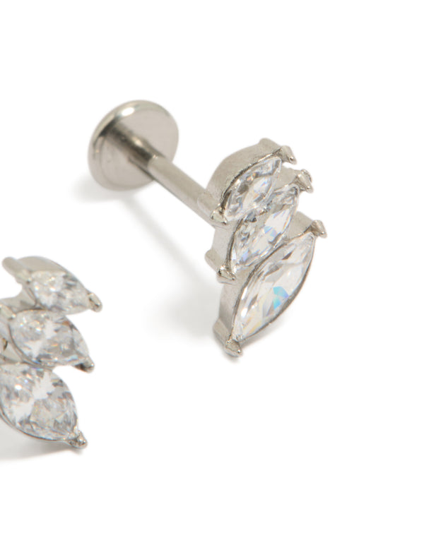 Featuring surgical steel triple marquise flat back studs with cubic zirconia stones in silver and clear post detail view