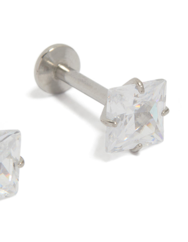 Highlighting 5 MM square cubic zirconia studs in surgical steel with flat back closure post detail view