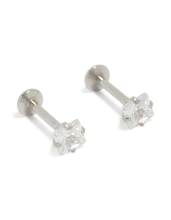 Beautifully crafted 4 MM square cubic zirconia flat back studs in surgical steel front view