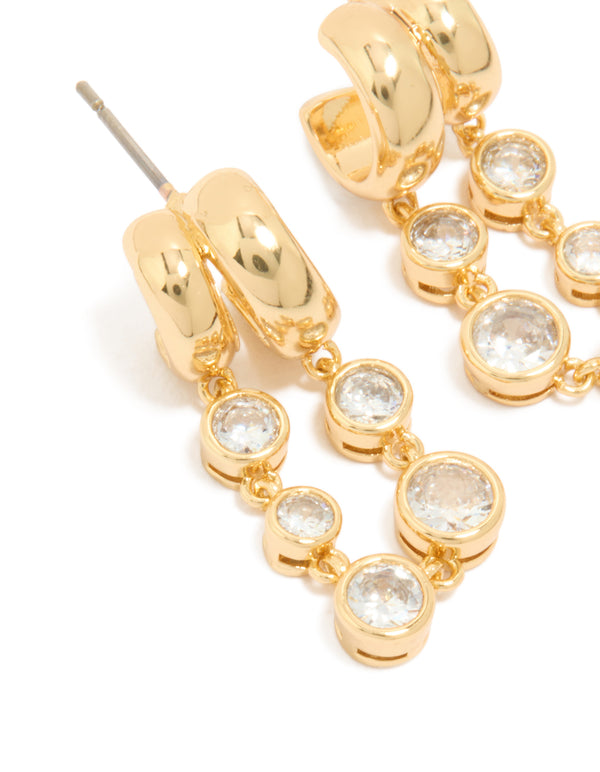 Gold Plated Cubic Zirconia Bezel Double Hoop Drop Earrings