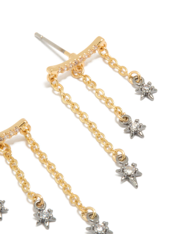 Crafted from mixed metal plated cubic zirconia star chain earrings with charm and celestial design in gold, silver, and clear tones post detail view