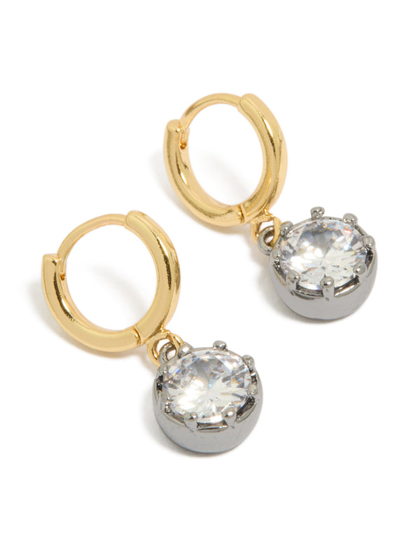 Discover mixed metal plated cubic zirconia huggie drop earrings featuring gold and silver tones front view
