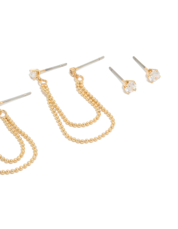 Gold Plated Cubic Zirconia Double Layered Chain & Stud Earrings 3-Pack
