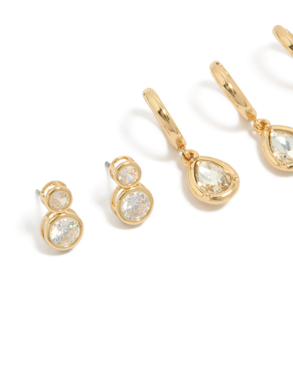 Gold Plated Cubic Zirconia Large Bezel Set Studs & Huggie Earrings 3-Pack
