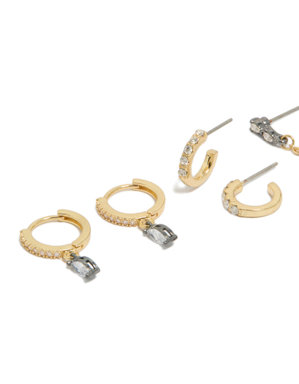 Explore gold plated cubic zirconia chain and huggie earrings 3-pack featuring crystal accents close up view