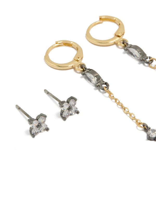 Mixed Metal Plated Cubic Zirconia Flower Chain & Huggie Earrings 3-Pack
