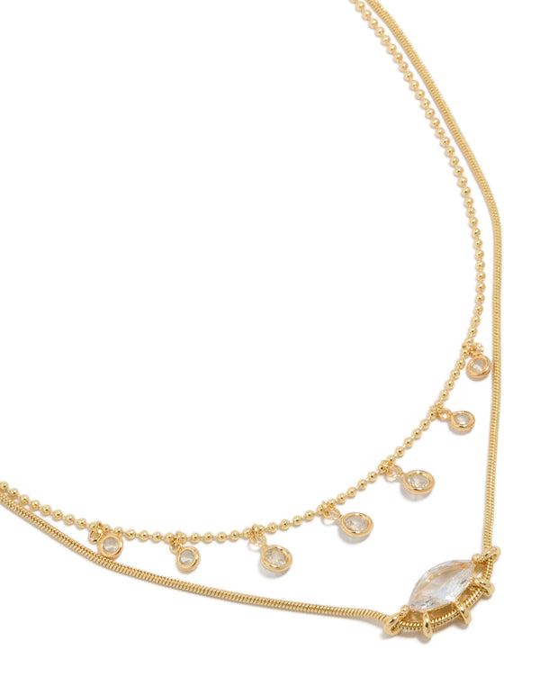 Gold Plated Cubic Zirconia Mini Oval & Droplets Charm Necklaces 2-Pack