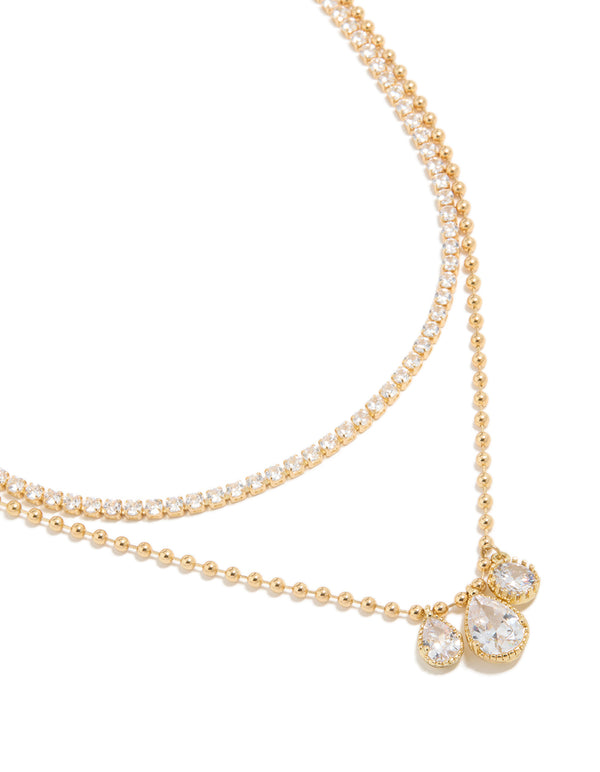 Gold Plated Cubic Zirconia Tennis & Droplets Layered Necklace