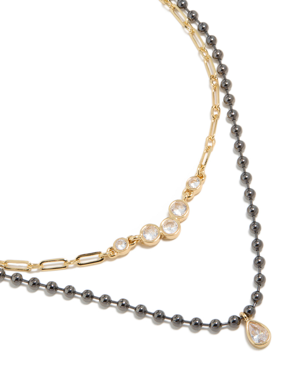 Discover mixed metal plated cubic zirconia teardrop and cluster layered necklace featuring balls and crystal in gold front view