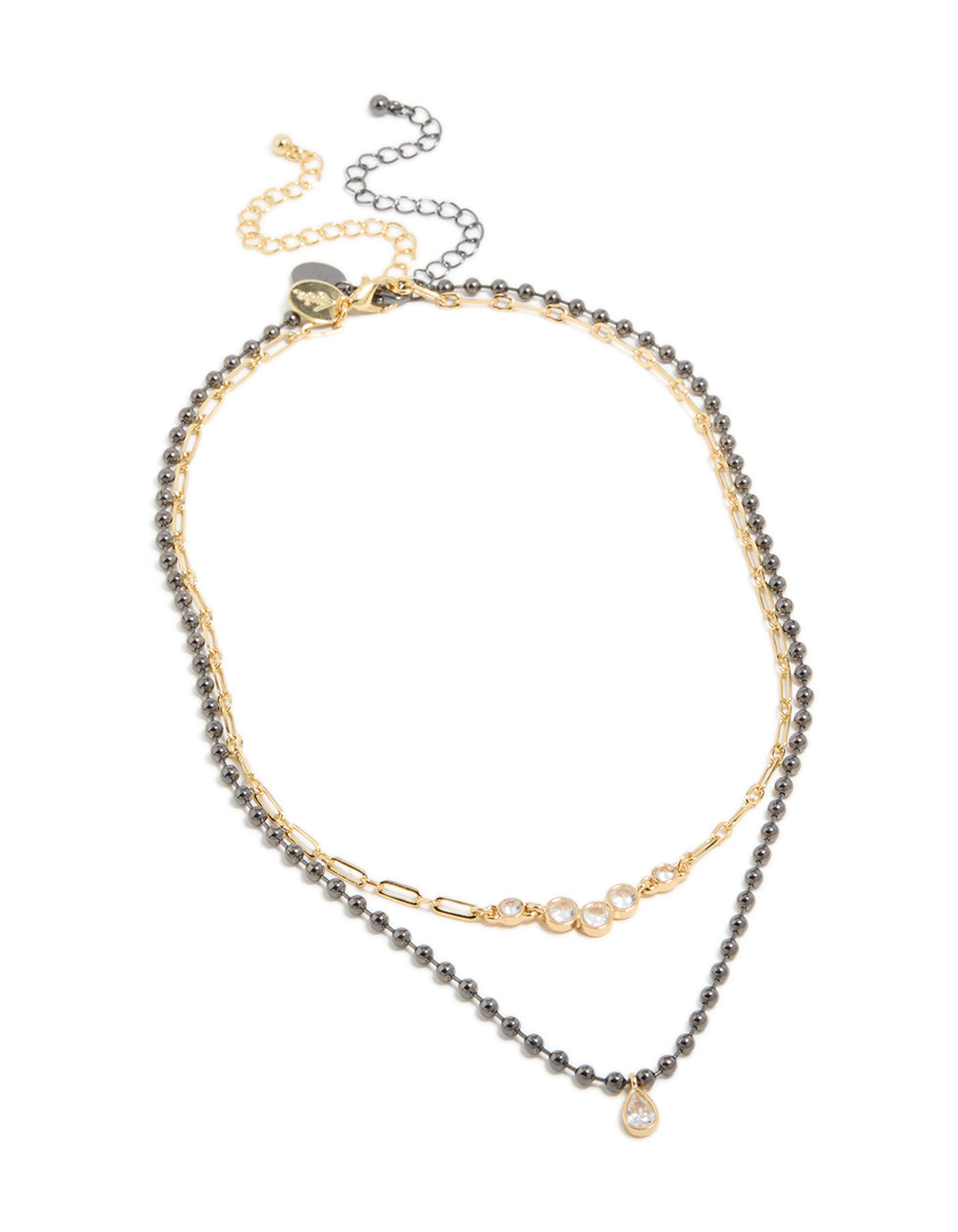 Explore mixed metal plated cubic zirconia teardrop and cluster layered necklace with balls and crystal in gold close up view