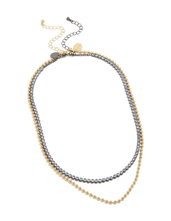Mixed Metal Plated Cubic Zirconia Double Layered Tennis Ball Chain Necklace