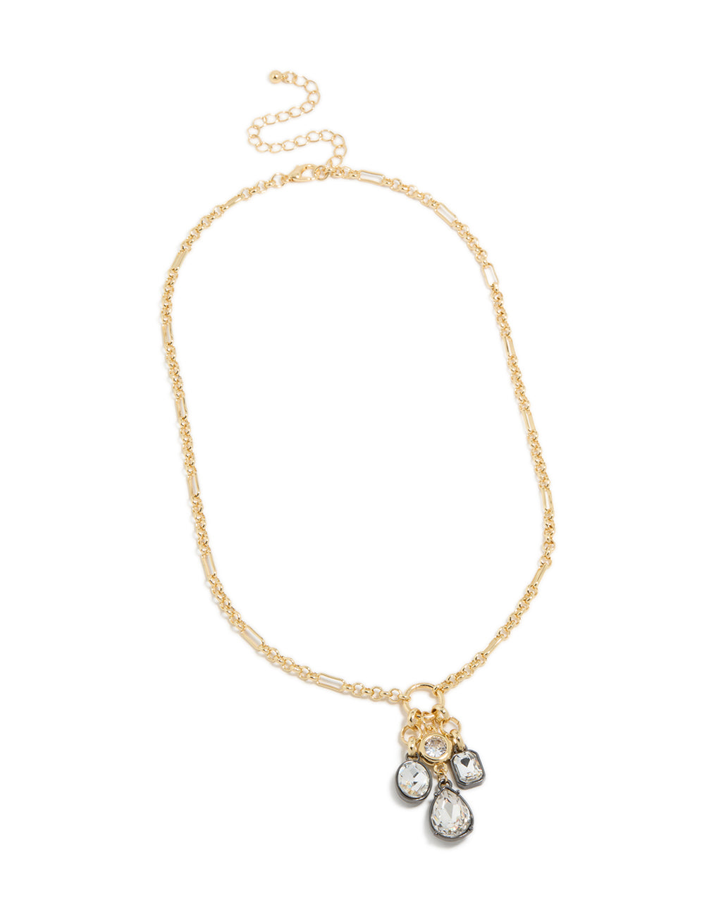 Displaying a mixed metal plated diamante cluster drop necklace featuring cubic zirconia in gold statement style front view