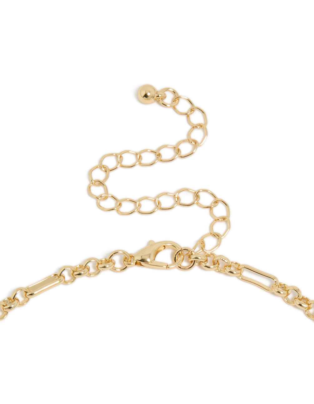 Crafted with mixed metal plated diamante cluster drop necklace featuring cubic zirconia in gold statement style clasp detail view